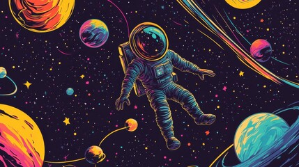 Poster - An imaginative hand-drawn AI prototype exploring colorful planets and stars with astronauts in a vibrant cosmic adventure