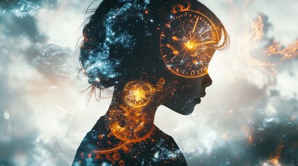 Poster - A child with the power to manipulate time, their silhouette filled with clock gears and swirling galaxies, embodies the essence of timelessness