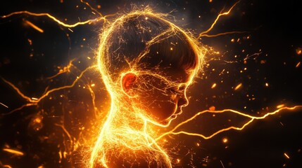 Poster - A young child enveloped in glowing energy and sparks, showcasing the ability to generate electricity in a vibrant double exposure effect