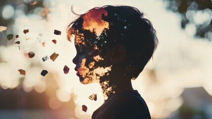 Aufkleber - A child's silhouette filled with whimsical shapes and floating objects, representing the magic of gravity manipulation during sunset