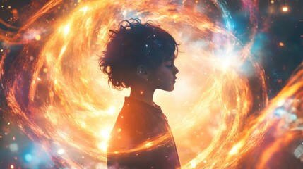 Poster - A child's silhouette merges with magical portals and swirling lights, showcasing the thrill of teleportation and adventure in a vibrant fantasy world