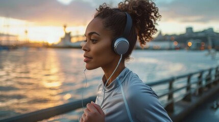 Poster - A woman is jogging while wearing headphones and looking at the water. The scene is calm and tranquil, with the woman's focus on the water and her surroundings