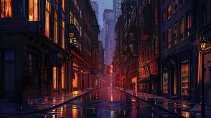 Poster - A city street at night with a couple walking down it. The street is wet and the buildings are lit up
