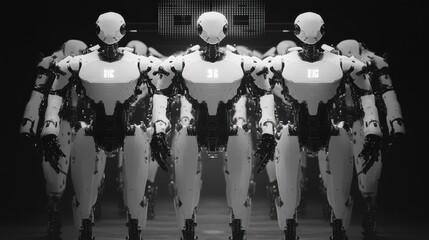 Poster - Robots in formation displaying the Three Rules of Robotics in a futuristic digital art piece featuring monochromatic tones