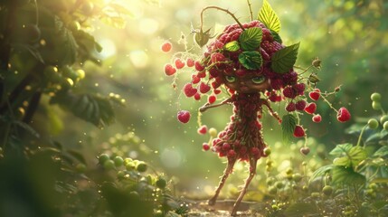 Poster - A cartoonish character with a raspberry hat and a bunch of raspberries on her head. The image has a whimsical and playful mood