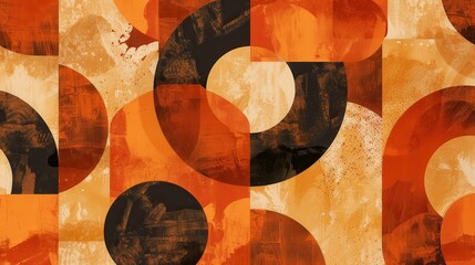 Aufkleber - Retro wallpaper design featuring abstract shapes in warm orange and black tones creating a vibrant mid-century modern atmosphere
