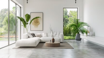 Poster - A living room with a white couch, a coffee table, and a potted plant. The room has a modern and minimalist design, with a large window letting in natural light. The space is clean and uncluttered