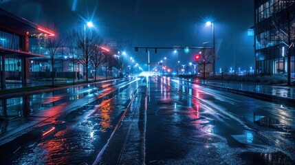 A city street at night with a red light on. The street is wet and the lights are on