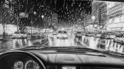 Poster - A taxi navigating through a rainy night in Seoul with a focus on raindrops and city lights reflecting on the windshield