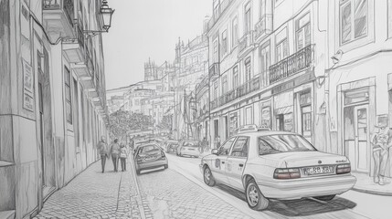 Poster - A detailed pencil drawing capturing a vibrant taxi ride through the winding streets of Lisbon, showcasing its unique architecture and tiles