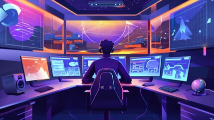Poster - An office worker engages with multiple screens in a high-tech remote work environment during evening hours