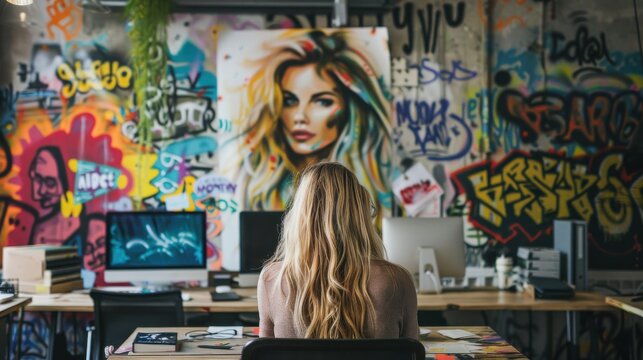 Office worker expresses individuality in creative workspace with vibrant graffiti artwork in the background