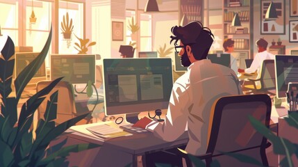Poster - Office worker focused on tasks in a vibrant startup environment with plants in a sunlit workspace