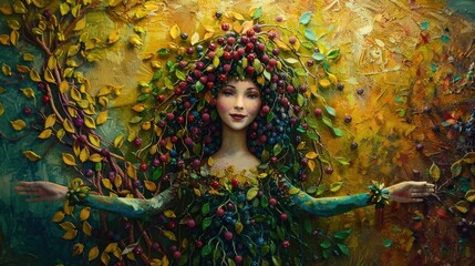 Poster - A woman is depicted in a painting with a crown of berries on her head. The painting is colorful and lively, with a sense of whimsy and fantasy. The woman's expression is joyful and playful