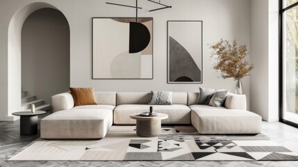 Poster - A living room with a white couch and a black and white abstract painting on the wall. The room has a modern and minimalist style