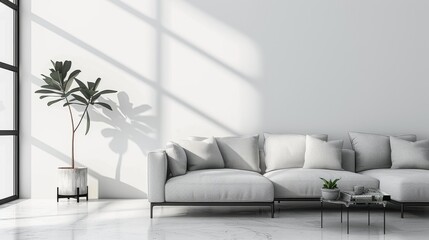 Poster - A white couch is in a room with a window and a potted plant. The room is very clean and bright, giving off a feeling of calm and relaxation