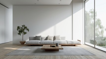 Poster - A living room with a white couch, a coffee table, and a potted plant. The room is bright and airy, with a large window letting in natural light. The furniture is minimalistic and modern