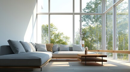 Poster - A living room with a large couch and a coffee table. The room is bright and airy, with a large window letting in plenty of natural light. The couch is covered in pillows