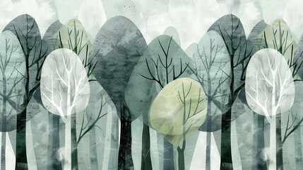 Poster - Stylized modern forest wallpaper featuring abstract trees in soft green and gray hues