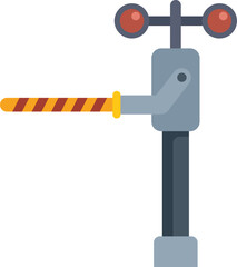 Poster - railroad crossing sign with flashing red lights, a safety barrier preventing vehicles and pedestrian