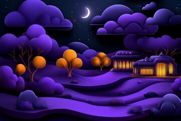 Digital illustration of a purple landscape, with glowing trees and futuristic buildings