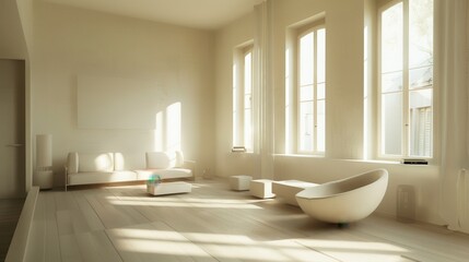 Poster - A large, empty living room with white furniture and a white chair. The room is bright and airy, with sunlight streaming in through the windows. The furniture is minimalistic, with only a couch