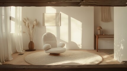 Poster - A white room with a chair and a vase. The chair is white and has a round shape. The vase is brown and placed on the floor. The room has a minimalist and clean look