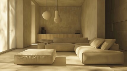 Poster - A living room with a tan couch and a tan ottoman. The room is very simple and clean