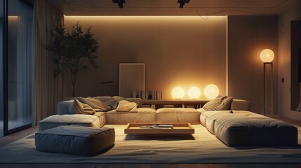 Poster - A living room with a couch, a coffee table, and a few books. The room is dimly lit, creating a cozy atmosphere