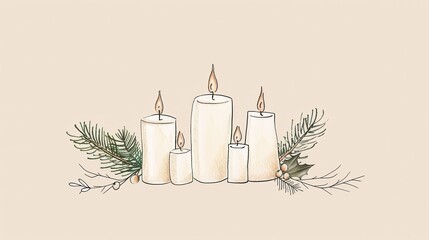 Aufkleber - Serene minimalist drawing of holiday candles with clean lines and natural accents for a peaceful festive atmosphere