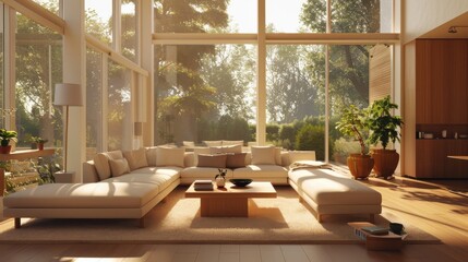 Poster - A large living room with a white couch and a coffee table. The room is filled with potted plants and has a bright, sunny atmosphere