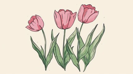 Aufkleber - A minimalist drawing of blooming tulips showcases the freshness of spring with clean lines and vibrant colors