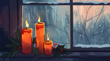 Aufkleber - Cozy holiday candles softly glowing by a frosted window, capturing winter's warmth and seasonal spirit