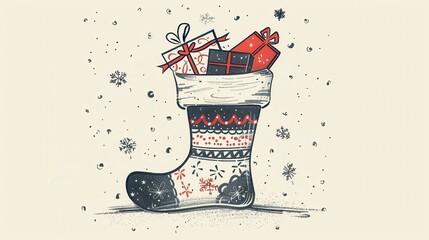 Aufkleber - Minimalist drawing featuring a festive Christmas stocking filled with colorful gifts and holiday cheer on a winter's day