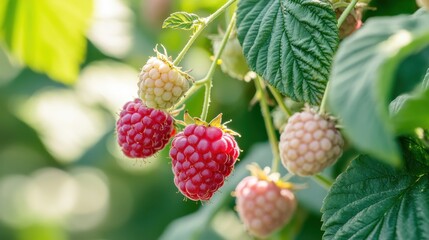 Close-up of a raspberry bush displaying ripe and unripe berries with vibrant colors in a sunlit garden during summer