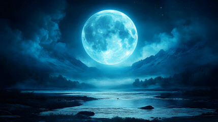 Poster - A serene night landscape illuminated by a large, glowing moon.