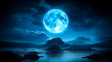 Poster - A serene night scene featuring a luminous blue moon over water.