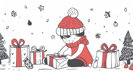 Aufkleber - A child joyfully unwraps a Christmas gift surrounded by festive decorations in a minimalist holiday setting