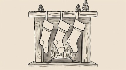 Aufkleber - Cozy line art of three Christmas stockings hanging by a warm fireplace with pinecones and fir trees for a festive holiday feel