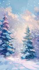 Poster - A serene hand-drawn winter landscape with snow-covered trees and a gentle pastel sky capturing the essence of New Year’s beauty