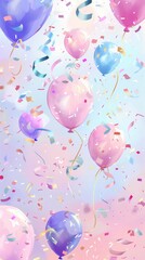 Poster - A cheerful hand-drawn New Year celebration with colorful balloons and confetti in a soft pastel ambiance