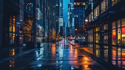 Poster - A city street at night with a lot of lights and reflections on the wet pavement. Scene is calm and peaceful, with the city lights creating a serene atmosphere