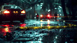 © Siasart Stock - Crime scene with police cars and caution tape on a rainy night.