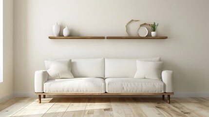 Poster - A white couch sits in a room with a white wall and wooden floor. The couch is surrounded by white pillows and a vase on a shelf. The room has a clean and minimalist feel
