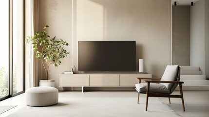 Poster - A living room with a white couch and a television. The television is turned off. There is a potted plant in the room