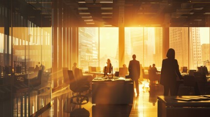 Aufkleber - Early morning light fills a busy corporate office with employees working amidst vibrant city skyscrapers