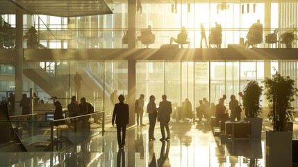 Poster - Early morning hustle in a vibrant corporate office with sunlight streaming through large glass windows
