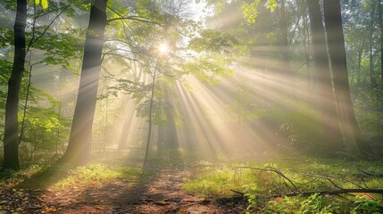 Poster - Misty morning in a forest with sunlight breaking through the trees and illuminating the fog at dawn