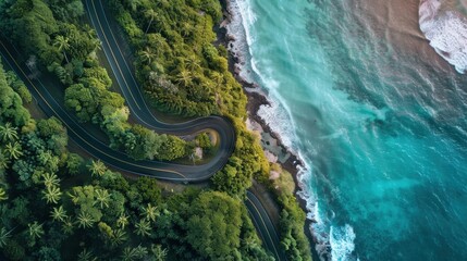 Poster - A winding road with palm trees and a beautiful ocean in the background. The road is surrounded by lush green trees and the ocean is calm and blue