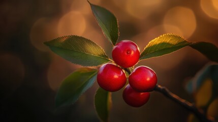 Poster - A close up of a red fruit with green leaves